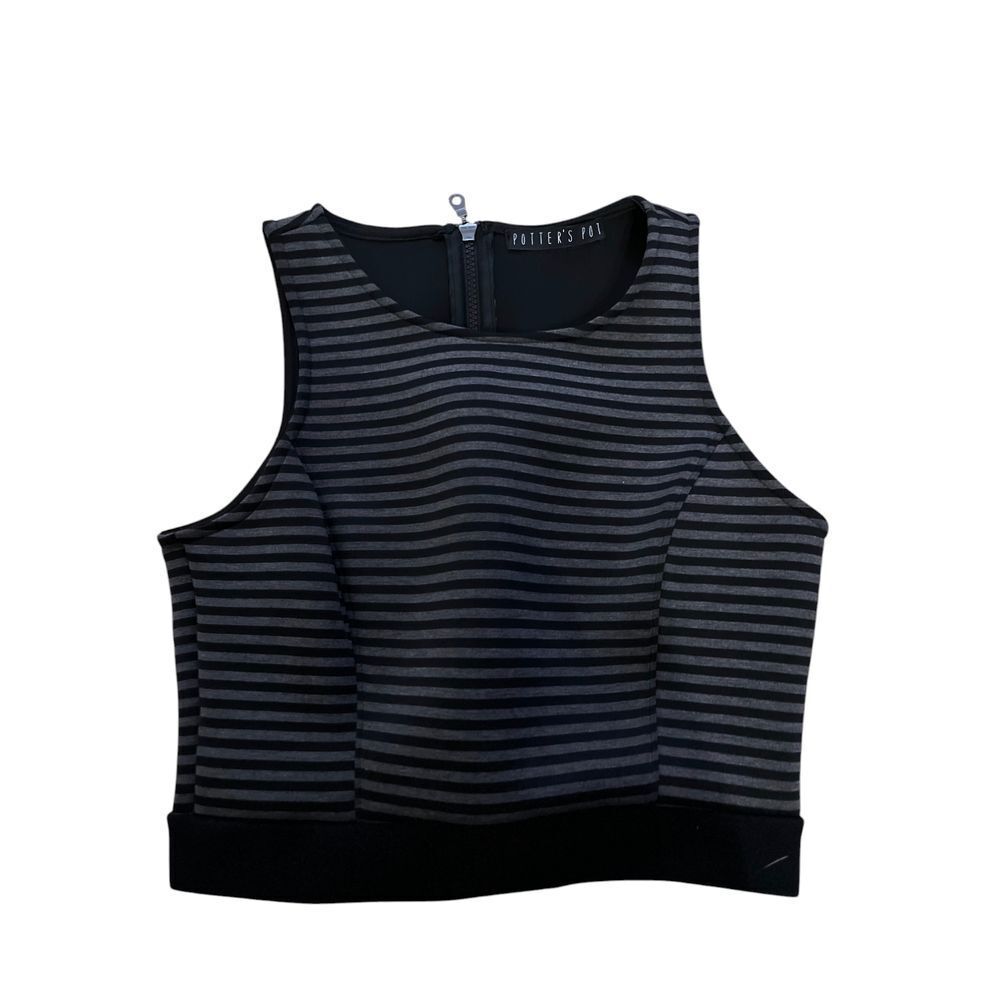 Potter's Pot Striped Crop‎ Top Sleeveless Black & Gray Modern Casual Tank